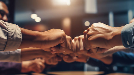 A close-up shot of a group of people with their hands together in a fist bump, symbolizing teamwork,...
