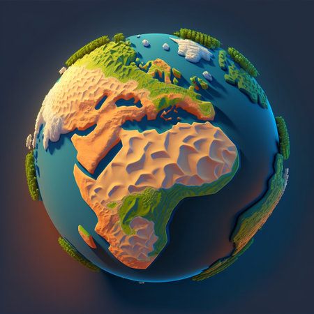 A colorful low-poly illustration of a globe, showing the continents and oceans in a simplified and...