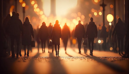A group of people walk in silhouette against a golden sunset. Their shapes are defined by the warm...