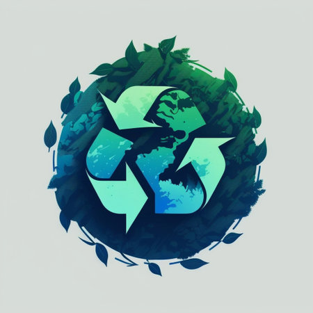 A graphic design of a recycling symbol with green leaves around it, representing environmental...