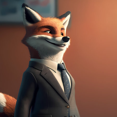 A digital art illustration of a fox wearing a suit, looking confident and happy. The fox is looking...