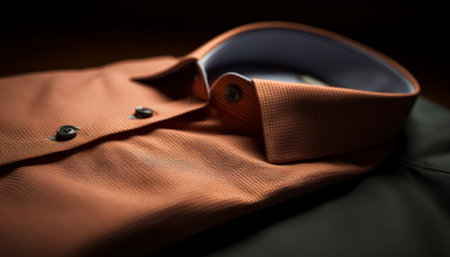 Close up of a folded orange button-up shirt, with the collar turned up. The shirt is shot on a dark surfaceの写真素材