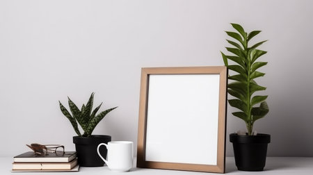A white picture frame with a gold border, sitting on a table in a minimalist living room, surrounded by plants and a cup.の写真素材