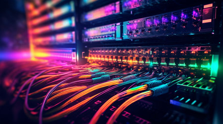 A close up shot of a server rack with cables. It has a lot of cables. These servers are used to store and process information for a variety of purposes. The network cables are the main focus of the image. They are connected to the server racks and are used to transmit data over the internet.の写真素材