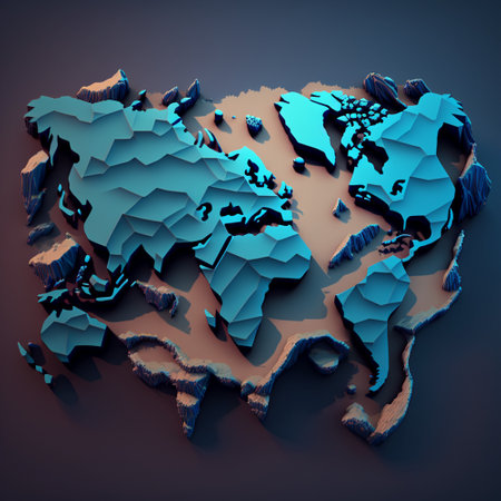 A 3D render of a low-poly world map in blue and gray.の写真素材
