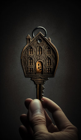 A hand holding a key shaped like a house, a concept of home and belonging.