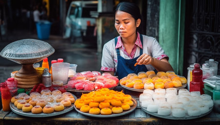 A woman sells various delicious treats at a street food stand in Southeast Asia.の写真素材