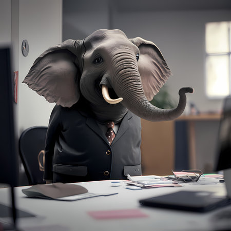 An elephant wearing a suit sits at a desk in an office setting.の写真素材