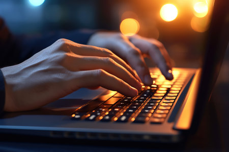 Close-up shot of hands typing on a laptop keyboard at night, with warm light illuminating the scene. The focus is on the hands and the keyboard, creating a sense of concentration and focus on the task at hand.の写真素材