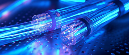 Closeup image of blue glowing cables, highlighting the futuristic and technological aspect of the...