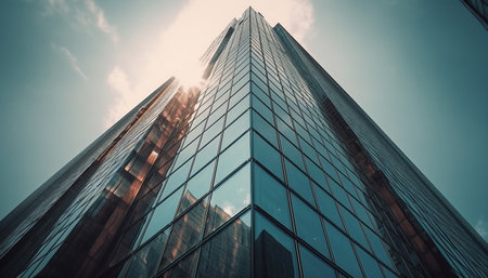 A low angle view of a modern skyscraper in a cityの写真素材
