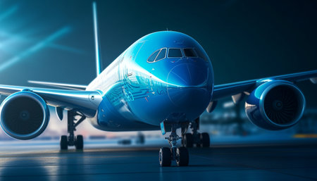 A blue airplane on the runway ready to take off.
