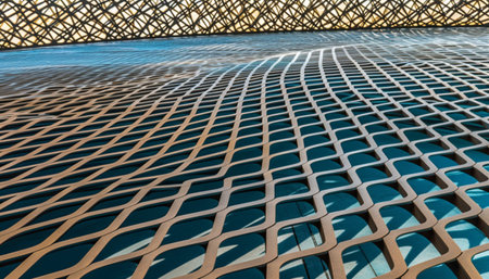 Closeup view of a metal grid structure, showing intricately design and geometric patterns.の写真素材