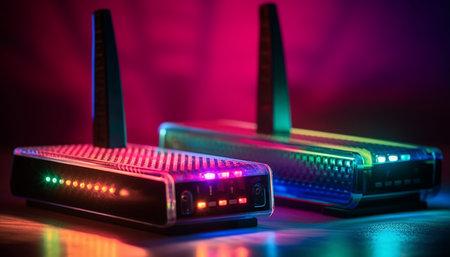 Two modern routers with glowing LED lights in a dark room.の写真素材