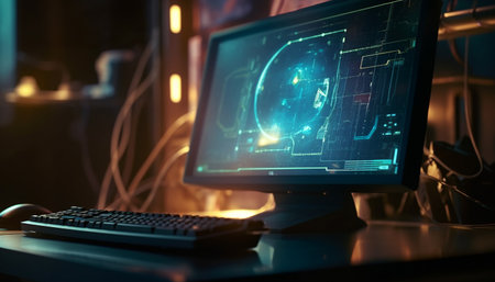 A close-up shot of a computer setup with a monitor displaying a digital interface, a keyboard, and a mouse.の写真素材