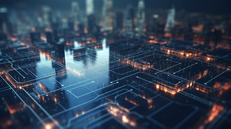 A digital art representation of a cityscape seamlessly interwoven with circuitry, symbolizing the...