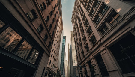 Low angle view of tall buildings in a narrow city alley.の写真素材