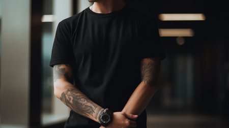 A portrait of a man wearing a black t-shirt with tattoos on his arms.の写真素材