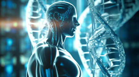 A human figure is rendered in a 3d model in front of a DNA structure. The image represents the...