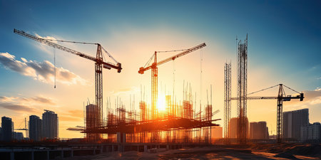 A silhouette of construction cranes against a vibrant sunset sky. The cranes are working on a massive construction project in a city skyline. The image captures the scale and energy of urban development.の写真素材