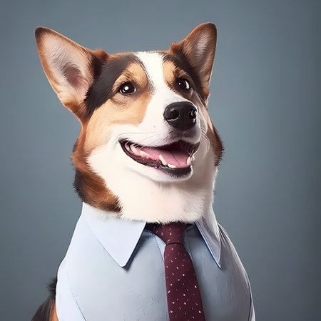 A close-up portrait of a smiling dog wearing a blue shirt and red tie.の写真素材
