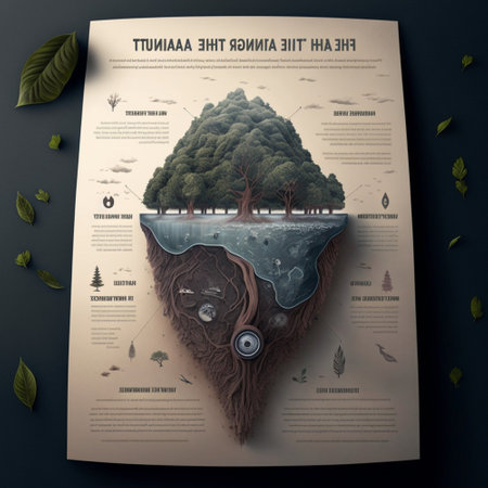A detailed illustration depicting the interconnectedness of nature, highlighting the impact of pollution on various ecosystems. The tree serves as a symbol of life and growth, while the roots illustrate the interconnectedness of all elements, showing how pollution reaches deep underground and impacts the entire system.の写真素材