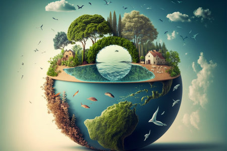 A miniature globe of Earth with an encompassing ecosystem, showcasing a lush landscape, a tranquil sea, and vibrant wildlife.の写真素材