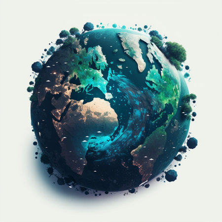 Abstract illustration of the Earth with geometric trees around it. The image is a creative, futuristic, and colorful depiction of our planet. The green, blue, and white colors create a vibrant and inspiring visual.の写真素材