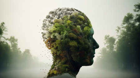 A human head transformed into a lush forest, showing the connection between humanity and nature.