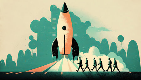 A group of businesspeople walk in unison towards a massive rocket about to take off, symbolizing...