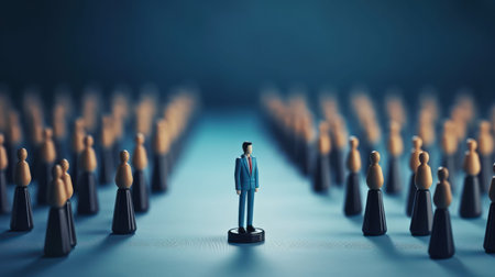 A lone businessman stands tall in front of a crowd of figures, symbolizing leadership and success.の写真素材