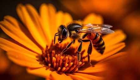 A close-up view of a bee collecting pollen from a bright orange flower. The bee is in focus, while the background is blurred.の写真素材
