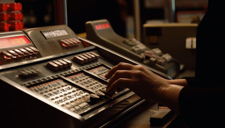 A close up view of a person's hand on a vintage cash register, the person is pressing buttons and...