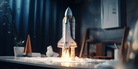 A space shuttle model launching from a desk, with a blurred background and a minimalist design. The...