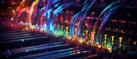 Abstract digital network with glowing cables representing the flow of data in the digital world.