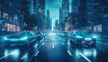 A futuristic cityscape with autonomous vehicles driving down a wet street at night. The scene is illuminated by the city lights and the cars' headlights, creating a sense of movement and dynamism.の写真素材