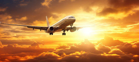 An airplane takes off into a beautiful sunset sky. The golden light illuminates the clouds and the...