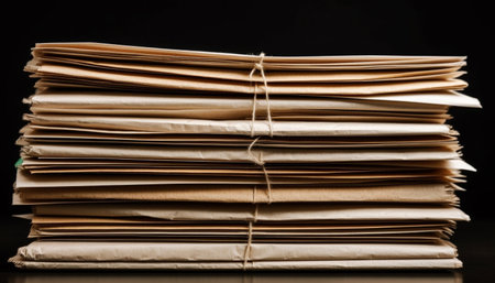 A stack of old files neatly organized and tied together with string.の写真素材