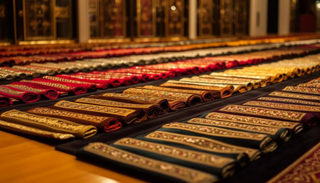 A beautiful display of colorful rolls of fabric in a room. The rolls are arranged in rows, and each...