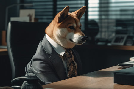 A dog in a suit sits at a desk in an office. The dog appears serious and professional, as if it is working on a business deal.の写真素材