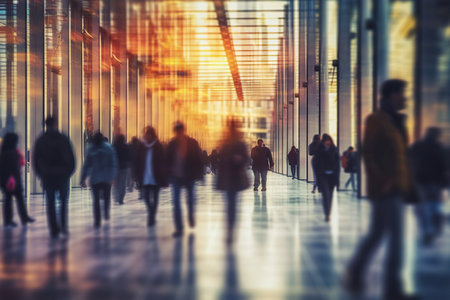 A photograph capturing the blur of people walking through a modern glass building, creating a sense...