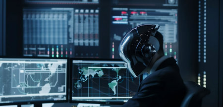 A cybersecurity specialist monitors data on multiple computer screens in a dark room