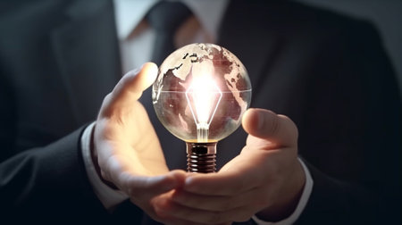 A man's hand holding a light bulb shaped like the globe, representing a global idea or solution