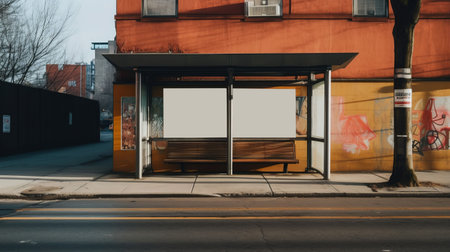 A bus stop with a bench and a blank advertisement space. The building beside the bus stop has colorful graffiti.の写真素材