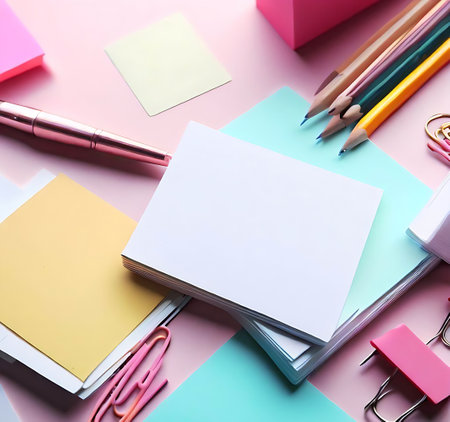 A flatlay of office supplies, a notebook, paperclips, and pens on a pink surface.の写真素材