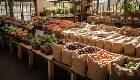 A bustling market stall brimming with vibrant fresh production, showcasing the season's bounty. Rows...