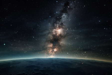 A breathtaking view of the Milky Way galaxy stretching across the night sky above a distant planet.の写真素材