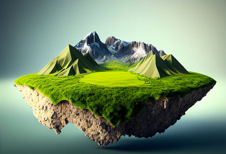 A surreal digital illustration depicting a floating island with green mountains and grass. The island is suspended in mid-air, with a blue sky in the background.の写真素材