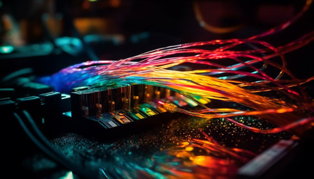 Close up of glowing fiber optic cables in a dark room, creating a beautiful abstract pattern of color and light.の写真素材
