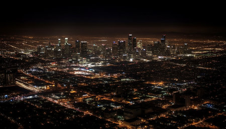 Aerial view of Los Angeles city at night with glowing lights from buildings and street lights.の写真素材